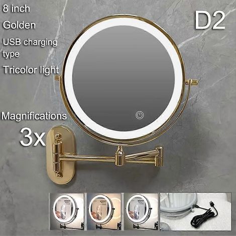 Miroir de maquillage mural pliable avec éclairage double face et grossissement, rechargeable par USB, miroir de maquillage LED à trois couleurs et intensité variable pour salle de bain (1/5)
