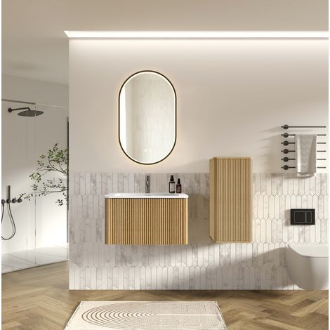 Conjunto de muebles de baño con espejo LED, lavabo y armario lateral, 81 cm, efecto roble OKMYHOME (1/5)