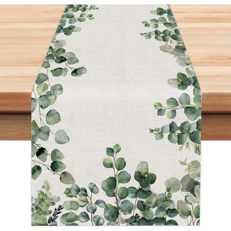 Runner da tavolo verde eucalipto con foglie primaverili/estive, lino vintage, lavabile, decorazione da tavolo per cucina primaverile/estiva, decorazione per feste al chiuso, 40 x 140 cm