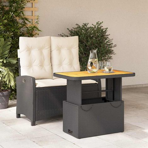 Ensemble repas de jardin 2 pièces en résine tressée noir, banc inclinable et table relevable avec coussins - PANGIVO (1/5)