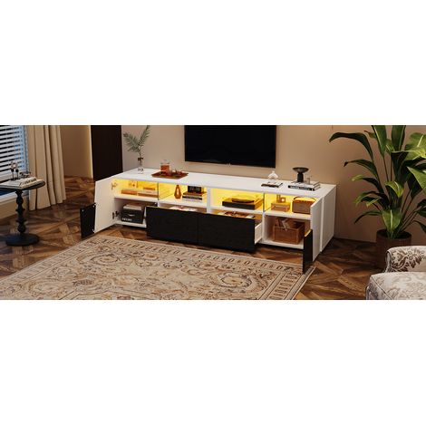 Meuble TV laqué brillant 180x38,5x45cm, console TV avec éclairage LED, meuble bas télé avec tiroirs et armoires, support pour écran 80 pouces, blanc et noir, rangement ouvert (1/5)