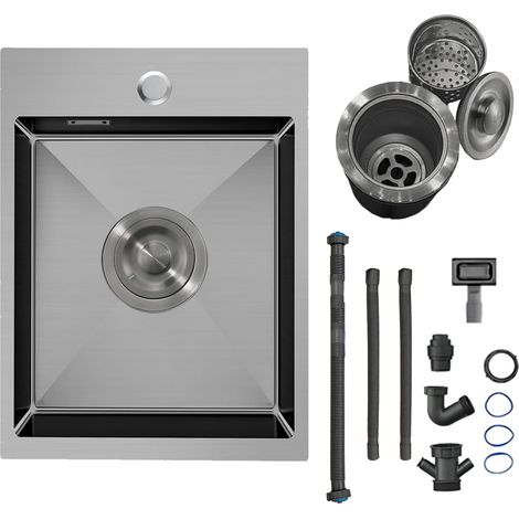 Petit Évier Cuisine Acier Inox Noir 30x40cm 1 Bac Encastrable Trou Robinet (1/5)