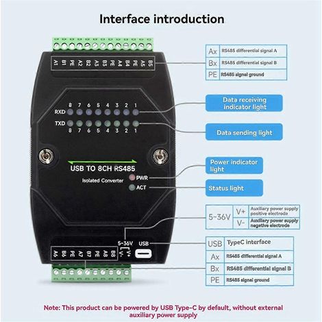 Convertisseur USB vers RS485 industriel 8 ports avec isolation galvanique, adaptateur série multiports pour PC, contrôleur MODBUS robuste, interface fiable pour automatisation et systèmes embarqués. (1/5)