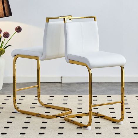 Lot de 2 tabourets de bar design scandinave, assise en cuir synthétique blanc premium, piètement métal laiton doré, parfait pour comptoir, cuisine ou brasserie, hauteur 96,5 cm. (1/5)