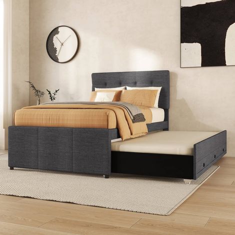Lit rembourré 90 x 200 cm avec 3 tiroirs, lit gigogne extensible et tête de lit réglable – lit gris pour famille (1/5)