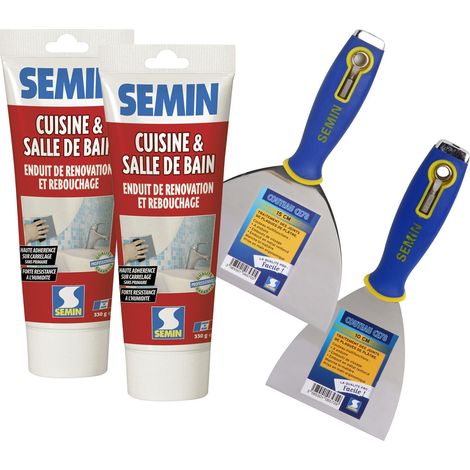 Lot de 2 enduits de rebouchage et rénovation spécial cuisine et salle de bain Semin - tube de 330 g, un couteau à enduire CE 78 - 10 cm et un couteau à enduire multifonctions CE 78 - 15 cm (1/5)