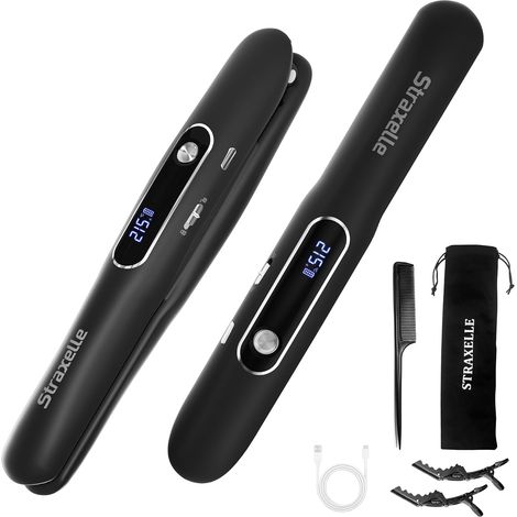 2 in 1 Mini Wireless Travel Straightener 347°F-419°F for Women and Men  Cordless Hair Straightener and Curler, 5000 mAh Rechargeable Hair Straightener with LED Display, Fast Heating (Black) (1/5)
