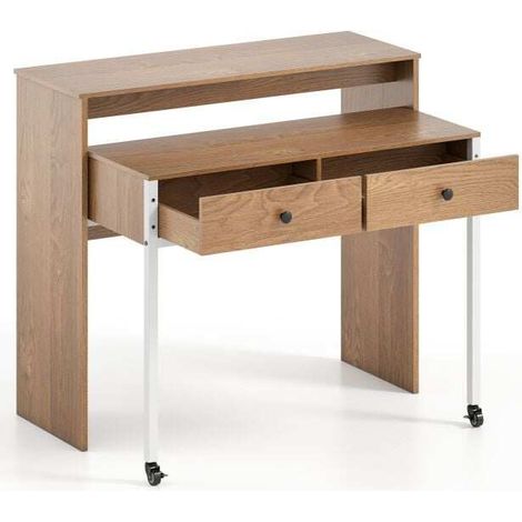 Bureau extensible naturel en bois et métal avec 2 tiroirs, tablette écran et roulettes freinées pour bureau, chambre et entrée (1/5)