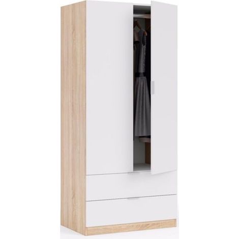 Pegane – Armoire 2 portes 2 tiroirs imitation chêne et blanc – Dimensions L 81 x H 180 x P 52 cm – Panneaux de particules mélaminés (1/3)