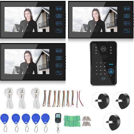 Kit interphone vidéo 7 pouces, 3 moniteurs, accès par mot de passe, carte, vision nocturne, système 100-240V (1/5)
