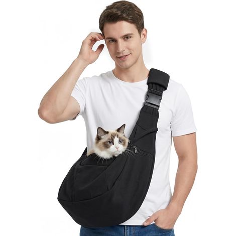 1 - Sac de transport chien - Sac bandoulière chat - Respirant avec crochet sécurité - Pour promenades et vétérinaire - Noir - 30x25x28cm (1/5)