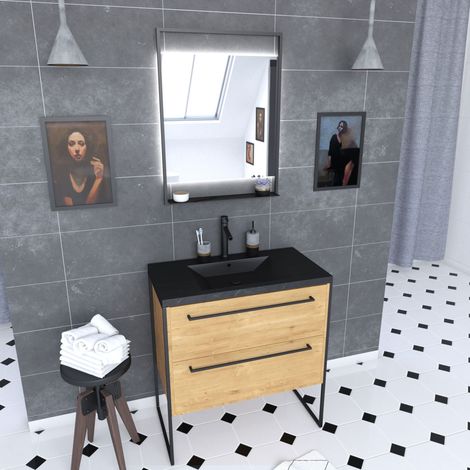 Mobile bagno 80x50 – 2 cassetti rovere scuro – lavabo in resina nera effetto pietra – specchio