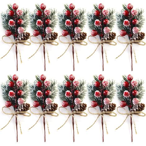 Lot de 10 tiges de Baies de Noël Rouges de 20 cm - Petits Pics et Sprays de Noël artificiels avec Pommes de pin, Houx, Baies de Noël, décorations de Fleurs pour couronnes de Noël (1/5)
