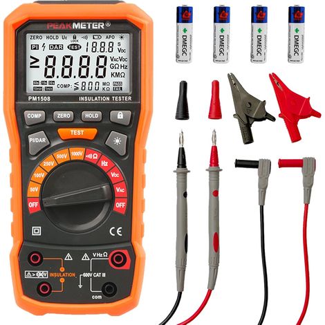 Testeur de résistance d'isolement mégohmmètre numérique 1000 V AC/DC pour appareils électriques, résistance d'isolement jusqu'à 100 GΩ, avec PI/DAR, test de fréquence et basse tension, avec écran LCD (1/5)