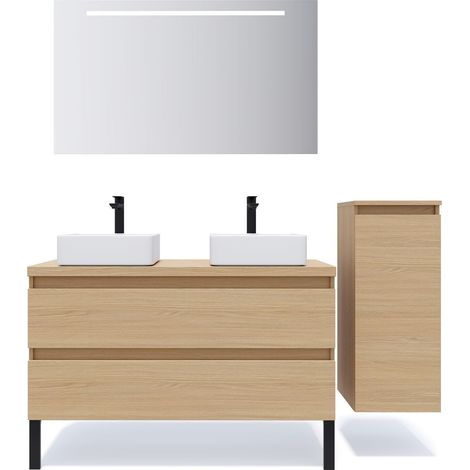 Meuble de salle de bain suspendu 2 vasques à poser 120cm 2 tiroirs Chêne clair + miroir + colonne ouverture droite - Hudson (1/5)
