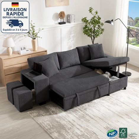 Sofá plegable con función de dormir, sofá cama esquinero en forma de L con puertos de carga USB y cojines - Sofá cama de tres plazas con estantes laterales y espacio de almacenamiento - Pana - Gris (1/4)