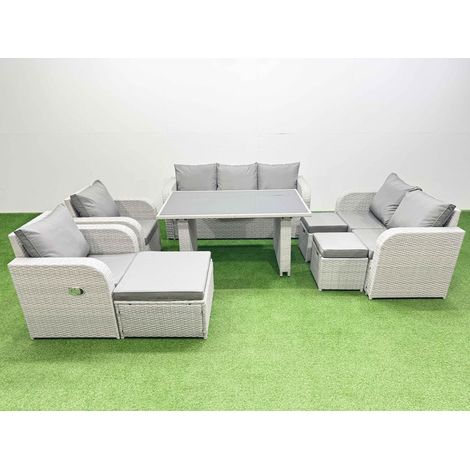 Fimous 10 Seater Garden Furniture Set PE Ratten Garden Sofa Set with Rectangular Dining Table 3 Stool Light Grey (1/4)