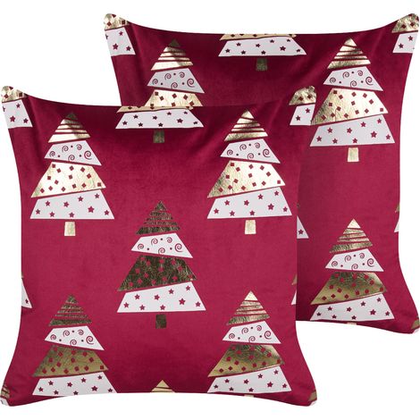 Conjunto de 2 cojines de terciopelo árboles de Navidad de estampado 45 x 45 cm con relleno fundas extraíbles rojo Goldspruce