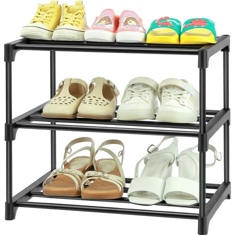 Étagère à chaussures à trois niveaux, meuble à chaussures métallique léger et compact, meuble de rangement empilable pour chaussures dans le couloir (1/4)