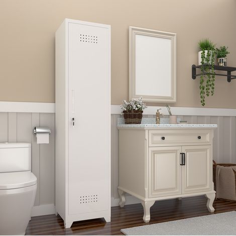 Armadio portascope 40x40x165 cm bianco in metallo con ripiani, asta appendiutensili e anta con serratura (1/5)