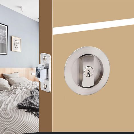 Manilla redonda para puerta corredera con cerradura de 66 mm, plateada, manilla invisible, manillas para puertas empotradas con cerradura y llave (1/5)