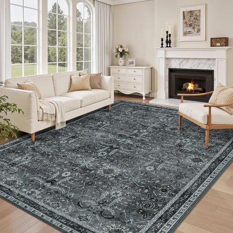Tapis Salon 160x230 cm Lavable en Machine Gris Tapis de Chambre Adulte avec Dos Antidérapant Grand Tapis Vintage Oriental Persan à Poils Courts pour Salon Salle a Manger Décoration (1/5)