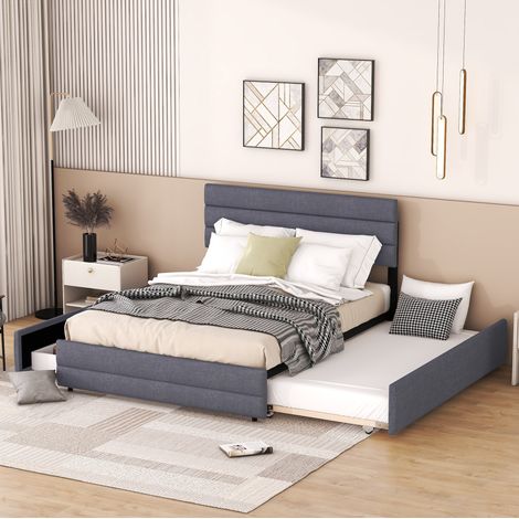 DESVIAE Lit plateforme rembourré 140 x 200 cm avec lit gigogne 90 x 190 cm et 2 tiroirs de rangement tête de lit réglable en tissu linen gris pour chambre double (1/5)