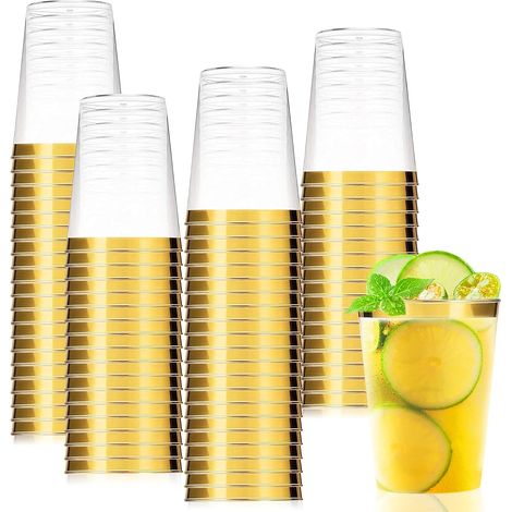 Lot De 50 Gobelets, Bord Doré, Rigide Réutilisable, 280 Ml, Pour Fête, Mariage, Cocktail