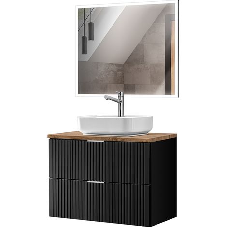 Badmöbel Waschtisch mit Keramik Aufsatzbecken und rechteckigem LED Spiegel, matt schwarz mit Eiche Nb., gerillte Front, ADELAIDE-56-BLACK, B/H/T ca. 83/200/46,5 cm (1/5)