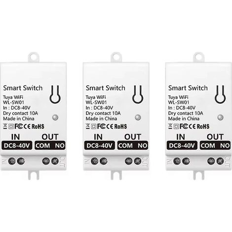 Lot de 3 modules de contact sec Tuya Smart WiFi 10 A, relais disjoncteur universel pour la maison, compatible avec Smart Life et Alexa, 8-40 V CC (1/5)