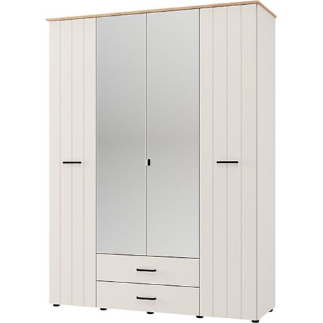 Großer Kleiderschrank Pokhar, Schlafzimmer-Schrank mit 2 Schubladen, 8 Regale, Kleiderstange, 157x208h cm Cremeweiß