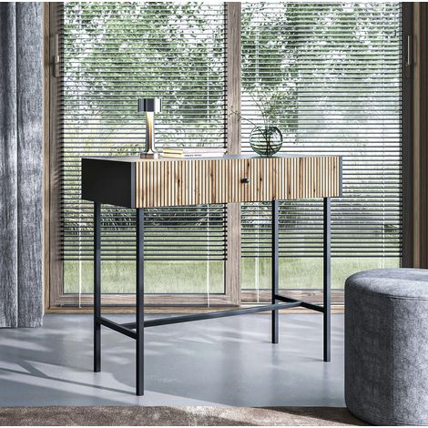 AX LIVING Tisch mit Schubladen Dinley 93 cm Schwarz mit Eiche-Riffel-Front