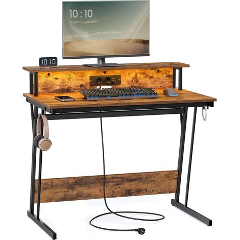 Bureau Gaming avec LED et Multiprise, Table Gamer, Bureau Informatique avec Rehausseur d’Écran, pour 2 Ordinateurs, pour Chambre, 60 x 100 x 76 cm, Marron Rustique (1/5)