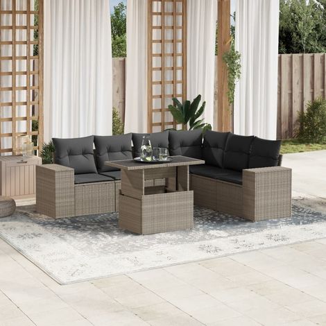 Salon de Jardin 7 Pièces en Résine Tressée Gris Clair avec Coussins - Canapés d'Angle, Central et à Accoudoirs, Table à Hauteur Réglable (1/5)