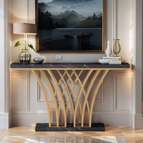 Konsolentisch – 150 x 29,5 x 80 cm – gitterförmige Metallbeine – für Eingangsbereich, Flur, Wohnzimmer – schwarz