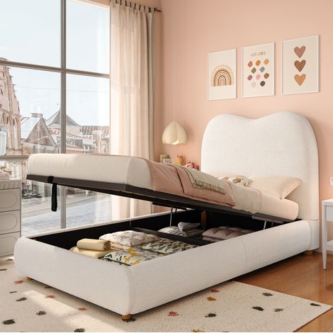 Letto contenitore bambini 90x200 cm con testiera e vano portaoggetti, rete a doghe, beige, materasso non incluso (1/5)