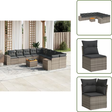 Ratán sintético - vidaXL Set de sofás de jardín 11 pzas y cojines ratán sintético gris - Cojines acolchados