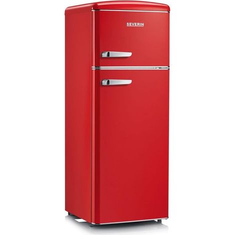 SEVERIN Réfrigérateur Congélateur 2 portes, Pose libre, Largeur 55 cm, 206L, Classe E, Veggibox incluse, Rétro, Rouge, RKG 8930 (1/2)