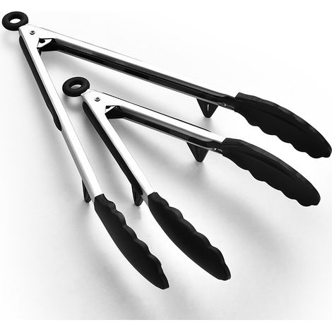 Pinces de cuisine avec poignées en acier inoxydable et silicone - Ensemble de couverts pour barbecue avec support et trous de suspension (1/3)
