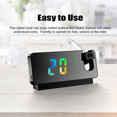 [Projektionsuhr] Digitale Projektionsuhr (186 mm) mit großem, farbigem LED-Display, um 180° drehbarem Projektor, 12/24-Stunden-Temperaturanzeige, für Wand- oder Deckenmontage im Schlafzimmer, Schwarz/