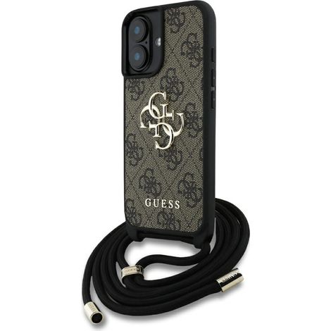 Funda Guess 4G con logotipo grande y correa para cordón, tipo bandolera, para iPhone 16, color marrón. (1/5)