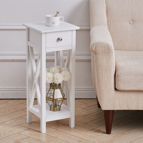 Modern Side Table Nightstand with Bottom Shelf for Living Room Bedroom, White