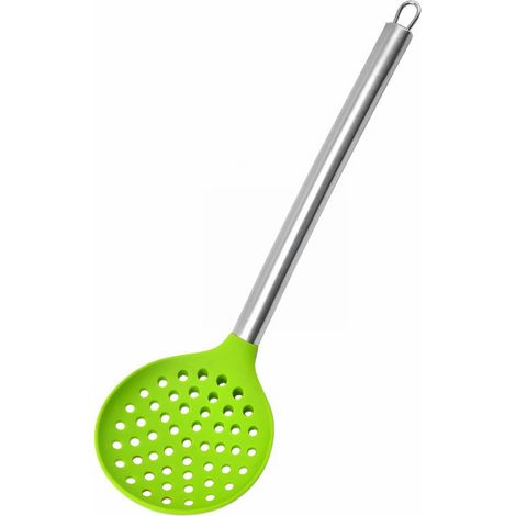 Cuillère Écumoire - Tête En Silicone Alimentaire - Manche En Acier Inoxydable - Crochet Pour Accrochage - Idéale Pour Pâtes Légumes Friture - 1 Pièce (1/5)