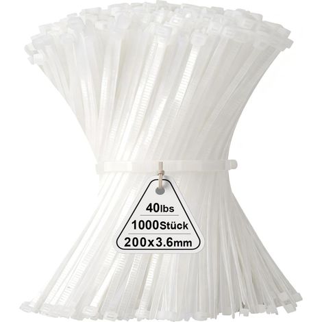 Lot de 1000 serre-câbles blancs - 200 mm x 3,6 mm - Pour l'industrie - Résistants aux UV - Durable - Petit nylon - Fermeture éclair autobloquante - Avec 18 kg - Pour le jardinage, la maison, le bureau (1/5)