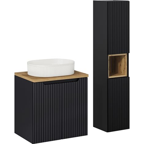 Waschtisch und Hängesäule 60cm Riva, Schwarz und Holzoptik