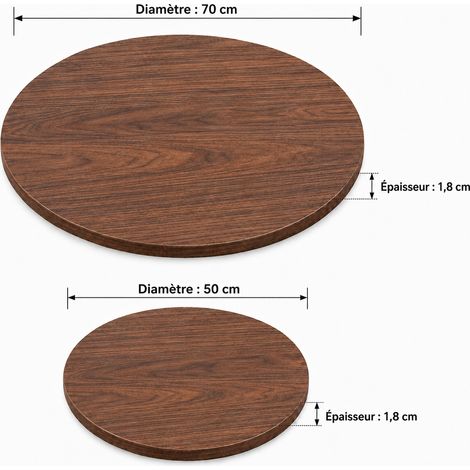 2 plateaux de table ronds aspect noyer en mélamine, Ø70 et Ø50 cm, 18 mm, sans pieds, pour salle à manger et bureau (1/5)