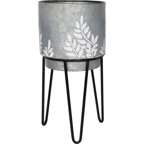Cache pot métal gris branches décoratives avec pied élégant - Gris effet martelé branches blanches
