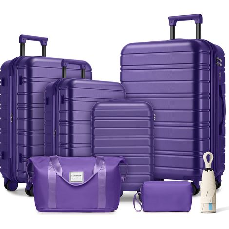 Ensemble de bagages 6 pièces avec sacs de voyage type duffel, valises rigides extensibles à roulettes pivotantes, violet raisin (1/5)