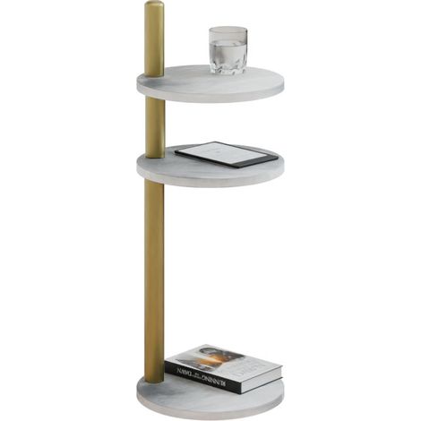 Mesita auxiliar redonda moderna, 3 niveles, 30x30x97 cm, metal dorado. (1/5)