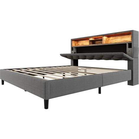 Cama doble tapizada 140 x 200 cm con cabecero de almacenaje y LED, gris (1/5)